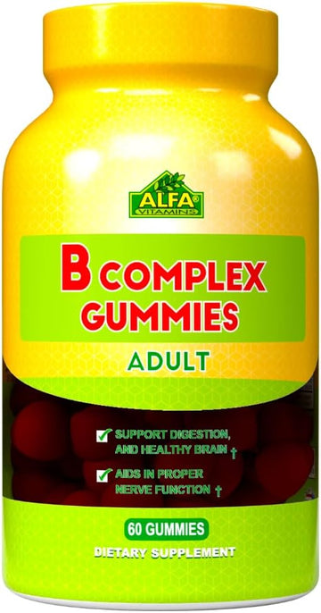 ALFA VITAMINS Vitamin B Complex Gummies with Vitamin B12, B7 as Biotin, B6, B3 as Niacin, B5, B6, B8, B9 as Folate for Stress, Energy, Nerve Function and Healthy Immune System - 60 Gummies