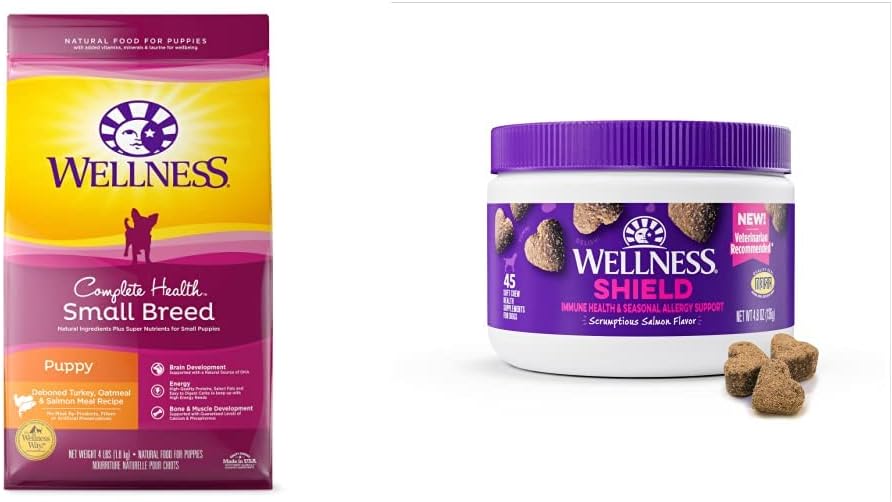 Wellness Complete Health Small Breed Puppy Food + Supplements Bundle: Dry Dog Food with Grains (Turkey, Salmon & Oatmeal, 4-Pound Bag) Immune & Allergy Soft Chew Dog Supplements, 45 Count : Pet Supplies