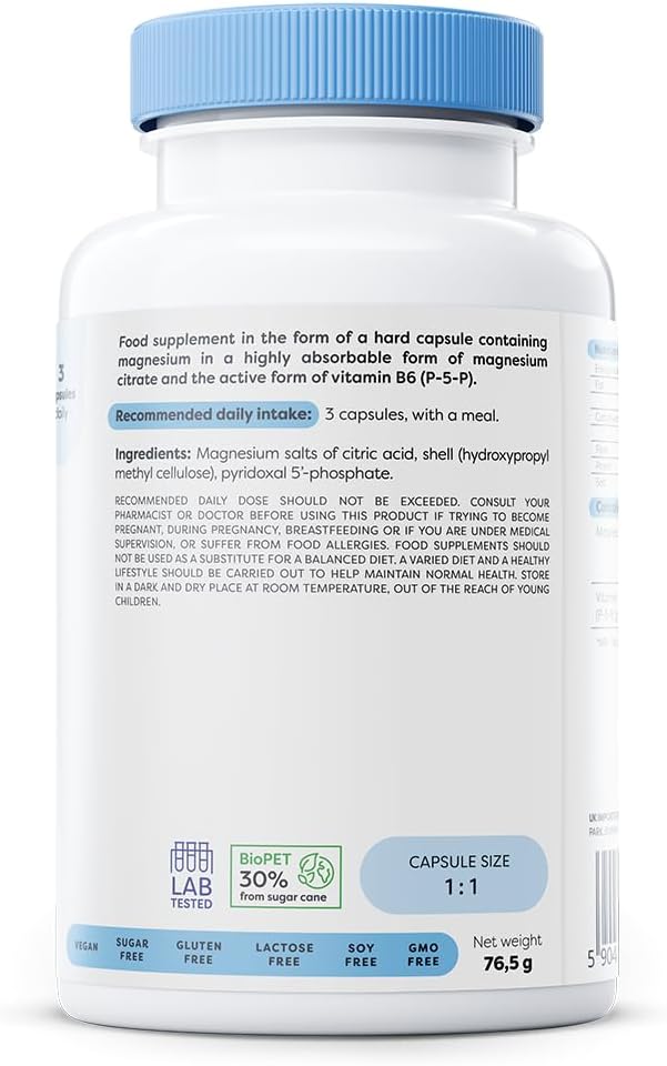 Osavi Magnesium Citrate + B6, 375 mg + 4.2 mg – 90 Vegan Capsules | Supports Energy, Muscle Function & Nervous System | Magnesium Citrate with Vitamin B6 for Stress Relief & Vitality : Amazon.co.uk: Health & Personal Care
