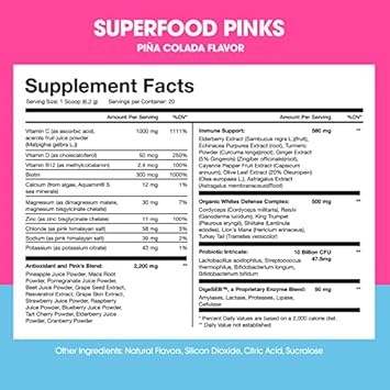 Obvi Superfood Pinks Probiotic Blend | Rich in Antioxidants, Adaptogens, Digestive Enzyme Blend, Immune Support, Gut Health | Keto, Gluten-Free, No Sugar, 10 Billion CFU | Pina Colada, 20 Servings : Health & Household