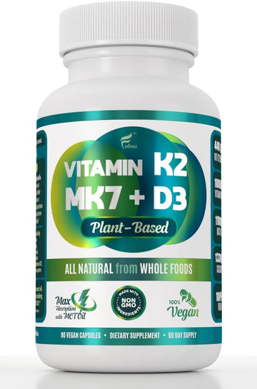 Vegan Vitamin K2+D3 | 440 Mcg All-Trans Mk-7 440Mcg From Peas + 1000Iu Vitamin D3 From Chlorella + Mct Coconut Oil For Max Absorption | 90 Capsules, 100% Vegan, Non-Gmo