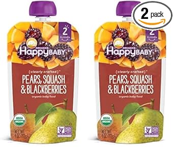 Happy Baby Organics Stage 2 Baby Food Pouches, Gluten Free, Vegan & Healthy Snack, Clearly Crafted Fruit & Veggie Puree, Pear Squash & Blackberries, 4 Ounces (Pack Of 2)