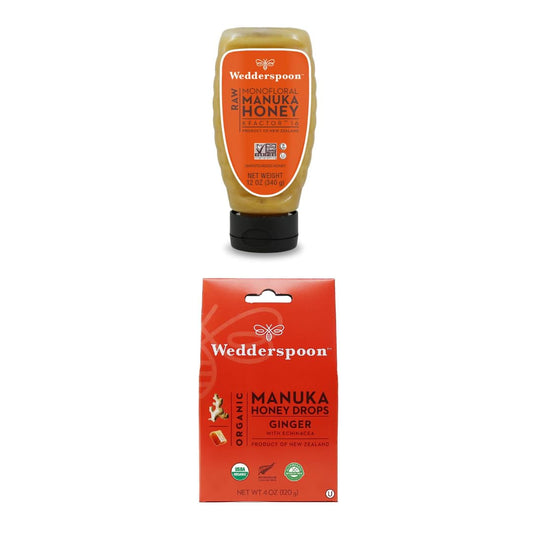 Bundle - Wedderspoon Raw Premium Manuka Honey KFactor 16 Squeeze Bottle (12 Oz) and Manuka Honey Drops, Ginger & Echinacea (4 Oz) : Grocery & Gourmet Food