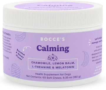 Bocce'S Bakery Calming Supplement For Dogs, Daily Chews Made In The Usa With Chamomile, Lemon Balm, L-Theanine & Melatonin, Supports Stress, Peanut Butter & Honey, 60 Ct