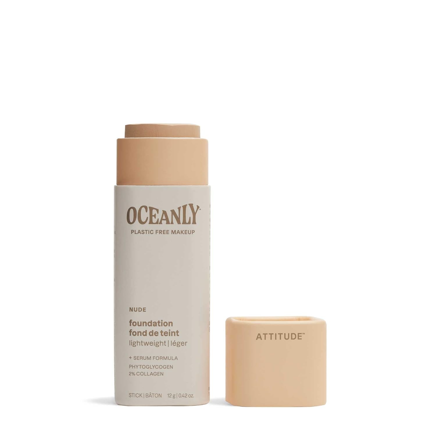 ATTITUDE Oceanly Plastic-Free Light Coverage Foundation Stick, Titanium Dioxide-Free,EWG Verified, Vegan & Cruelty-free Makeup, Nude, 16141, 0.42 Ounces