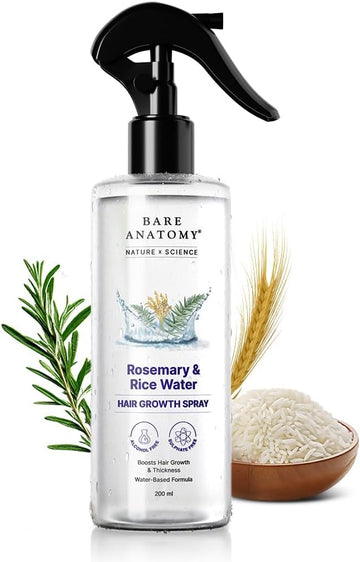 Bare Anatomy Nature X Science Rosemary Water Spray For Hair Growth & Hair Thickness With Rice Water |100% Natural Extract | Soft & Smooth Hair| Controls Hairfall| Non-Greasy & Fast Absorbing | 200 Ml