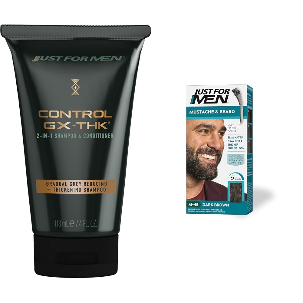 Just for Men Control GX + THK Grey Reducing and Thickening 2-in-1 Shampoo & Conditioner, 4 oz (Pack of 1) Mustache & Beard, Dark Brown, M-45, Pack of 1 : Beauty & Personal Care