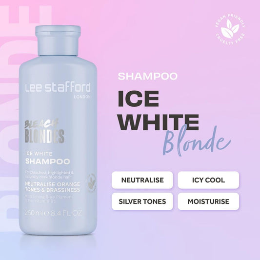 Lee Stafford Blue Toning Shampoo | Bleach Blonde Ice White - Corrects Brassy & Yellow Orange Tones To Silver Platinum, Great For Highlighted, Bleached, & Naturally Dark Hair, No Purple, 250 Ml