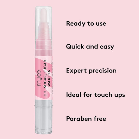 Mylee Oh, Sugar, Sugar Wax Pen + 20X Waxing Strips - Professional No-Heat Formula Waxing, Precision Wand, Ideal For Removing Unwanted Hair On Body, Face, & Bikini Line, Vegan Cruelty-Free, Pack Of 1