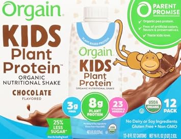 Orgain Organic Kids Nutritional Vegan Protein Shake, Chocolate - Healthy Kids Snacks, 8G Plant Protein, 23 Vitamins & Minerals, 3G Fiber, No Dairy & Soy Ingredients, Non-Gmo, 8 Fl Oz (Pack Of 12)