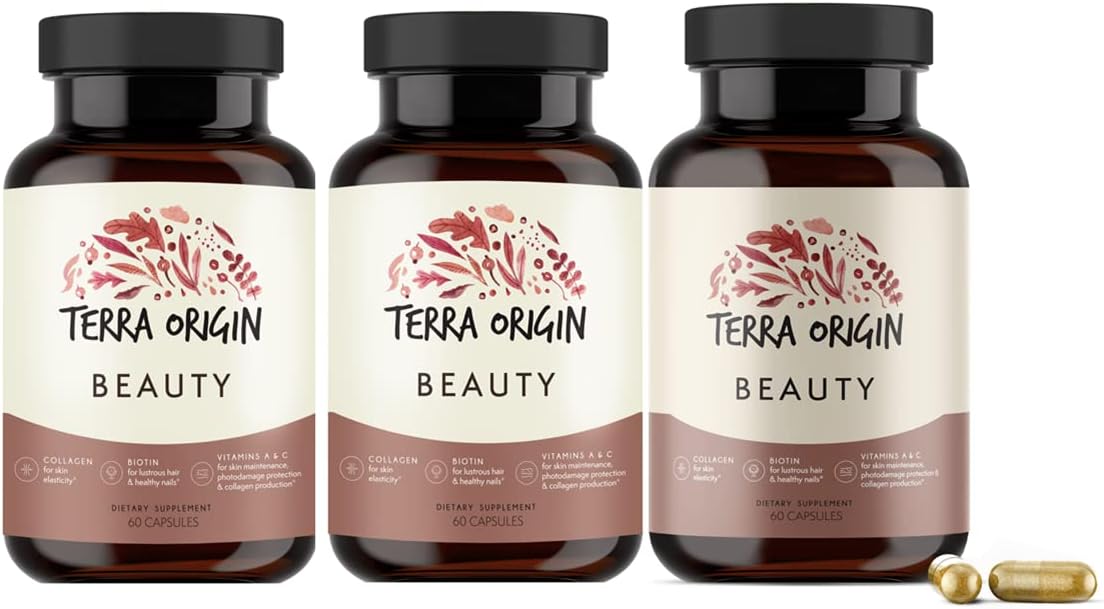 TERRA ORIGIN, Beauty Hair Skin and Nails Capsules with Biotin, Collagen Hydrolysate and Vitamins, 3 Bottles/180 Capsules