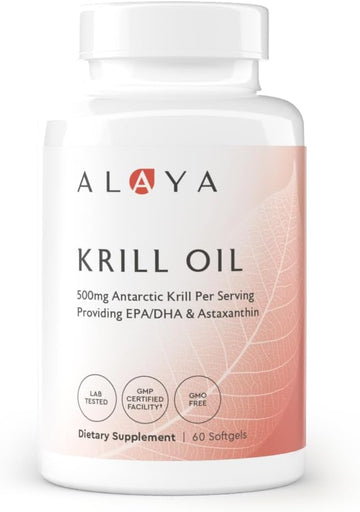 Alaya Naturals - Antarctic Krill Oil 500Mg Supplement With Phospholipids, Epa/Dha Omega 3 & Astaxanthin - Non-Gmo - Pcb Tested Krill Oil - 60 Softgels