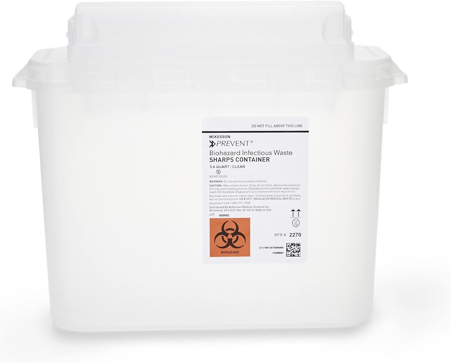 McKesson Prevent Sharps Container - for Biohazard Infectious Waste - 11 in x 12 in x 4 3/4 in, 5.4 qt, 1 Count