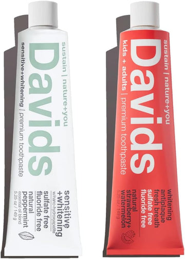 Davids Nano Hydroxyapatite and Antiplaque Strawberry Watermelon Fluoride Free Toothpaste Bundle, SLS Free, Recyclable Metal Tube, Made in USA, 5.25oz