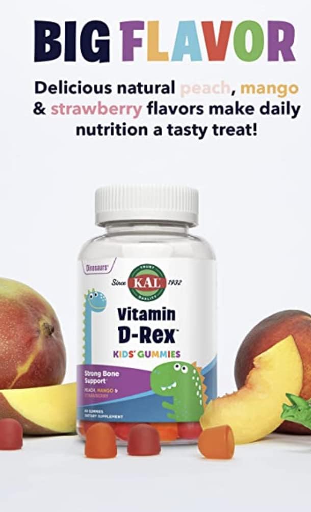 KAL Vitamin D-Rex - Vitamin D Gummies for Kids - Kids Vitamin D3 - Peach, Mango, and Strawberry Flavors - Immune, Heart, Bone & Oral Support - Vegetarian, Gluten Free - 60 Servings, 60 Gummies : Health & Household