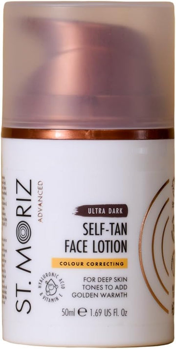 St Moriz Advanced Ultra Dark Colour Correcting Self Tan Face Lotion | With Hyaluronic Acid & Vitamin B5 | Honey Colour Correcting Undertones Add Warmth To Deep Skin | Wear Alone & Under Makeup | 50Ml