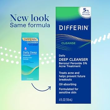 Differin Acne Face Wash With 5% Benzoyl Peroxide, Daily Deep Cleanser By The Makers Of Differin Gel, Gentle Skin Care For Acne Prone Sensitive Skin, 4 Oz (Packaging May Vary)