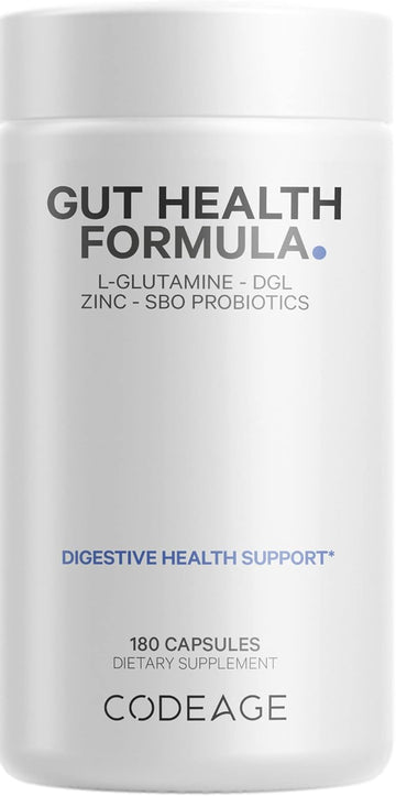 Codeage Gut Health Supplements Vegan Formula - L Glutamine, Zinc, Turkey Tail Mushroom Powder, Tonic Mushroom, Maitake, Micro Algae, Mineral, Licorice Root Dgl - Probiotics, Prebiotics - 180 Capsules