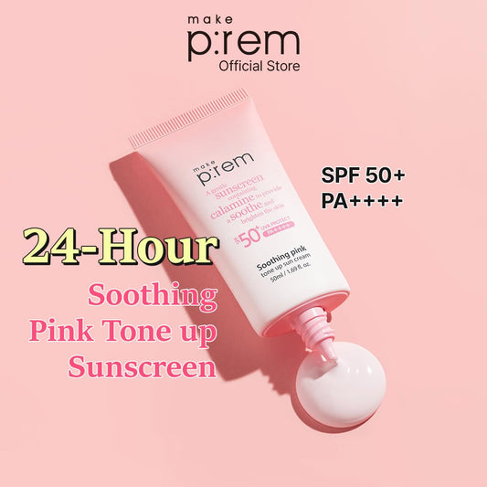 Make P:Rem Soothing Pink Tone Up Sun Cream, Mineral Sunscreen For Dehydrated Skin, Lightweight, Non-Greasy Formula, Skin Tone Correction, Korean Sunscreen, Spf 50, 1.69 Fl. Oz. 50Ml