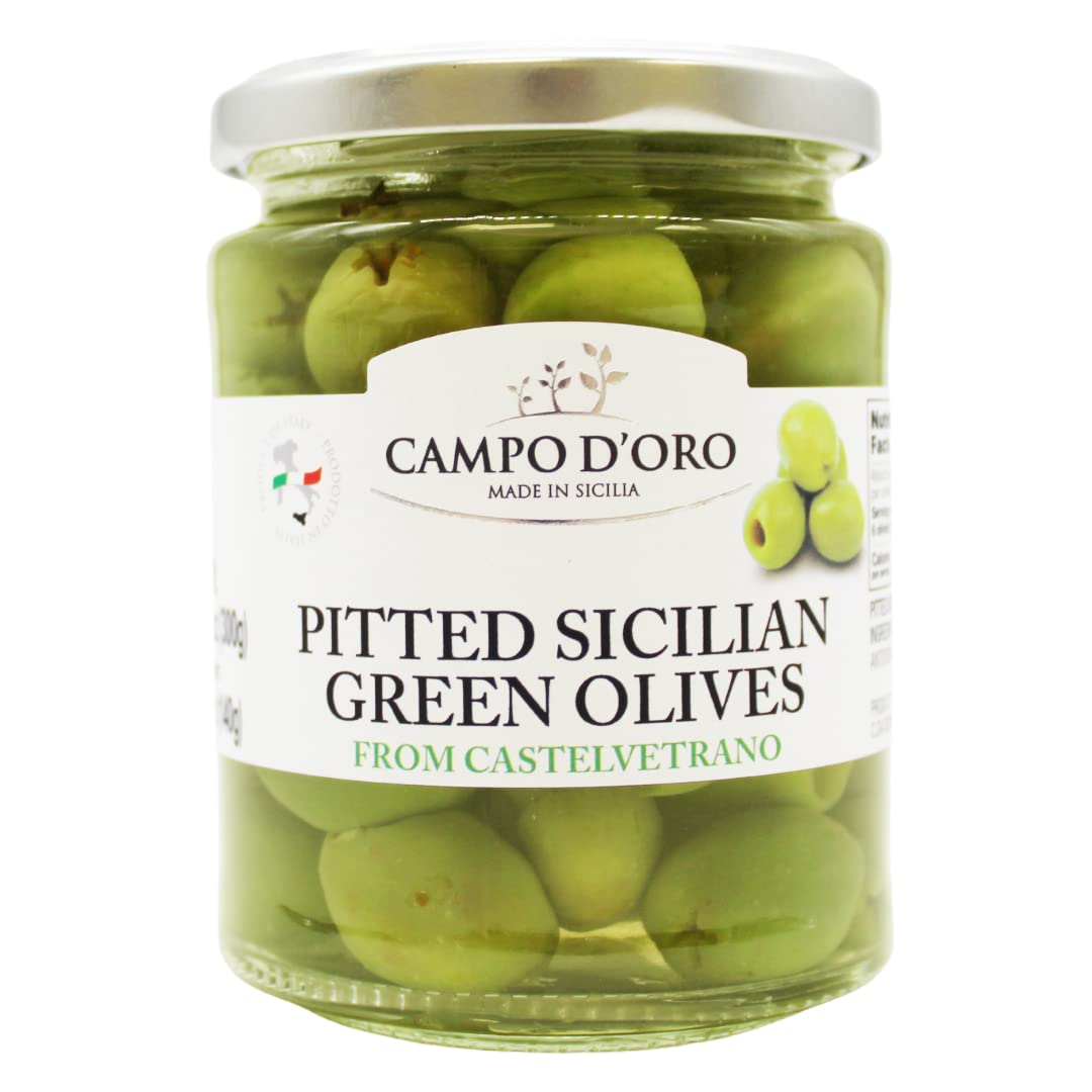 Sicilian Pitted Green Olives In Brine (Pitted) 10.58 Oz. Castelvetrano Olives, Product Of Italy, Martini Olives, Non-Gmo By Campo D'Oro