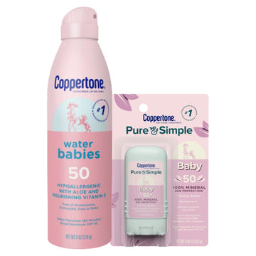 Coppertone WaterBabies Sunscreen Spray, SPF 50 Baby Sunscreen, Spray On 6 Oz and Pure Simple Stick, 50, 0.49 Bundle