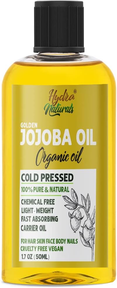 Hydra Naturals 100% Pure Organic Jojoba Oil | Cold-Pressed, Unrefined, Hexane Free | Moisturizing Oil For Skin, Hair, Face & Nails | Natural Carrier Oil For Essential Oils 50Ml