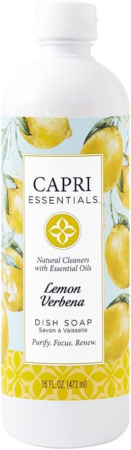 Lemon Verbena Natural Dish Soap Liquid w/Essential Oils – Plant-Based Dish Cleaning Supplies – Chemical-Free Dish Liquid Soap – Natural Cleaning Products (16 oz)