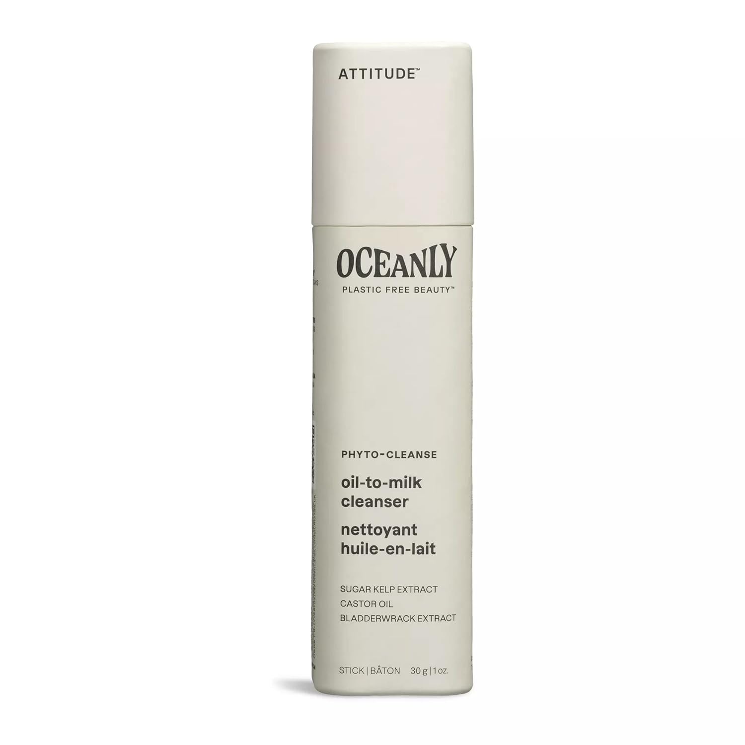 ATTITUDE Oceanly Oil-to-Milk Face Cleanser Stick, EWG Verified, Plastic-free, Plant and Mineral-Based Ingredients, Vegan and Cruelty-free Beauty Products, PHYTO CLEANSE, Unscented, 1 Ounce