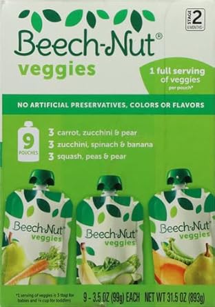 Beech-Nut Veggies Stage 2 Baby Food Variety Pack, 3.5 oz Pouch (9 Pack) : Baby