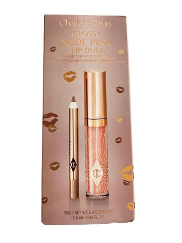 Charlotte Tilbury Glossy Nude Pink Duo - Lip Cheat Iconic Nude & Collagen Lip Bath Pillow Talk : Beauty & Personal Care