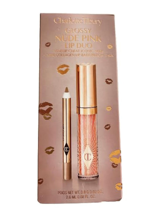Charlotte Tilbury Glossy Nude Pink Duo - Lip Cheat Iconic Nude & Collagen Lip Bath Pillow Talk : Beauty & Personal Care