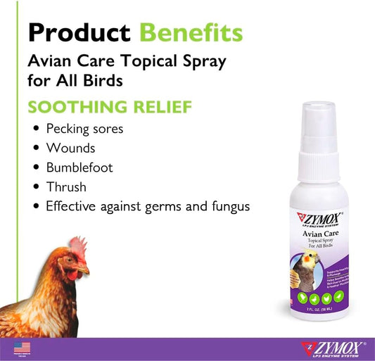 Zymox Avian Care Topical Spray For All Birds, 2 Oz. – Soothes Irritated Skin & Supports Healthy Plumage For All Birds, Fowl & Poultry