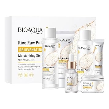 Bioaqua Rice Raw Pulp Rejuvenating Moisturizing Face Cream Cleanser Toner Lotion Eye Cream Ha Essence 6Pcs Suit Skin Care Gift Box