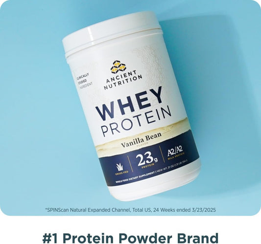 Ancient Nutrition Grass Fed Whey Protein, Vanilla Bean, 23G Protein, 20 Servings, Hydrolyzed Collagen Peptides, Organic Regenerative A2/A2 Milk Protein