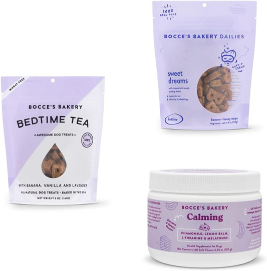 Bocce's Bakery Relax & Recharge Bundle for Dogs, Made with Real Ingredients, Baked in The USA, All-Natural Bedtime Tea Biscuits, Calming Supplements & Sweet Dreams Soft & Chewy Cookie Assortment : Pet Supplies