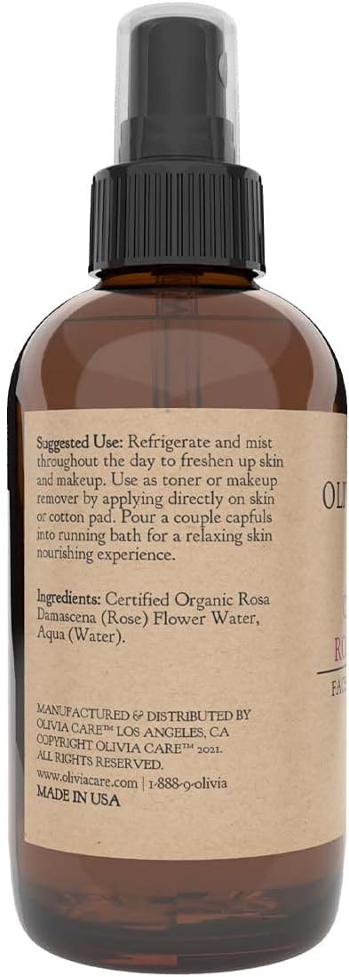 Olivia Care Organic Rose Water Mist Refreshing Spray For Face & Body By Olivia Care - 100% Natural & Vegan. Hydrating & Moisturizing, Fresh Rose Scent 4 Oz