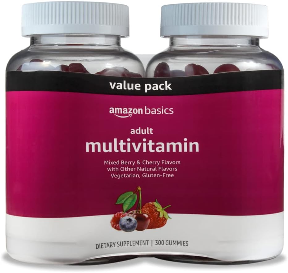 Amazon Basics Adult Multivitamin For Men & Women, 300 Gummies With Vitamins A, C, D, E, B-6 And B-12, 150 Count (Pack Of 2) (150 Day Supply) (Previously Solimo)