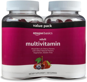 Amazon Basics Adult Multivitamin For Men & Women, 300 Gummies With Vitamins A, C, D, E, B-6 And B-12, 150 Count (Pack Of 2) (150 Day Supply) (Previously Solimo)
