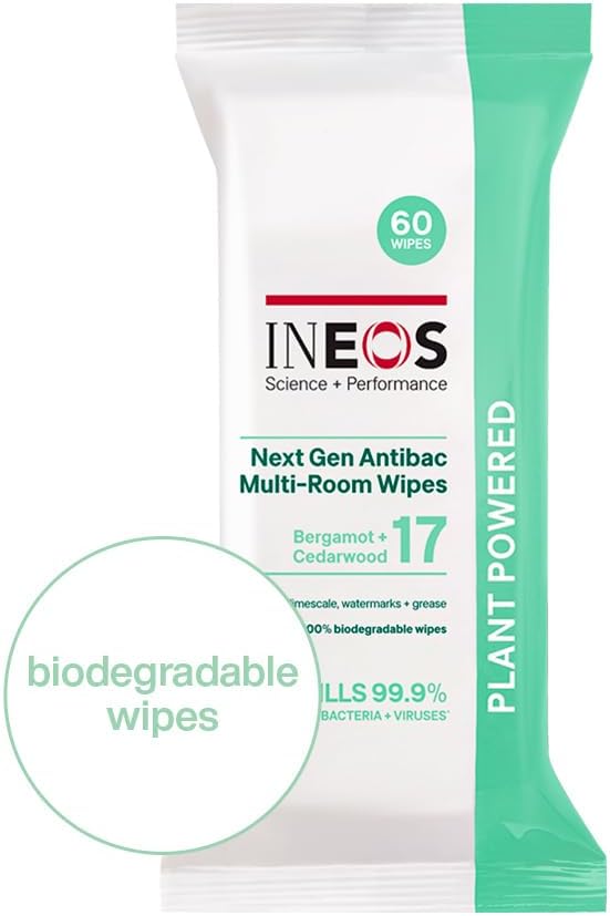 Ineos Hygienics Next-Gen Antibac Multi-Room Disinfectant Biodegradable 60 Wipes, Bergamot + Cedarwood, Kills 99.9% Of Bacteria + Viruses, Plant Powered, Packaging May Vary