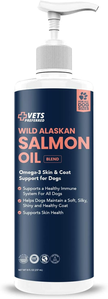 Vets Preferred Wild Alaskan Salmon Oil for Dogs – Skin and Coat - Premium Omega 3 Fish Oil for Healthy Dog Coat – Immune Support and Heart Health – All Natural – Rich in EPA and DHA