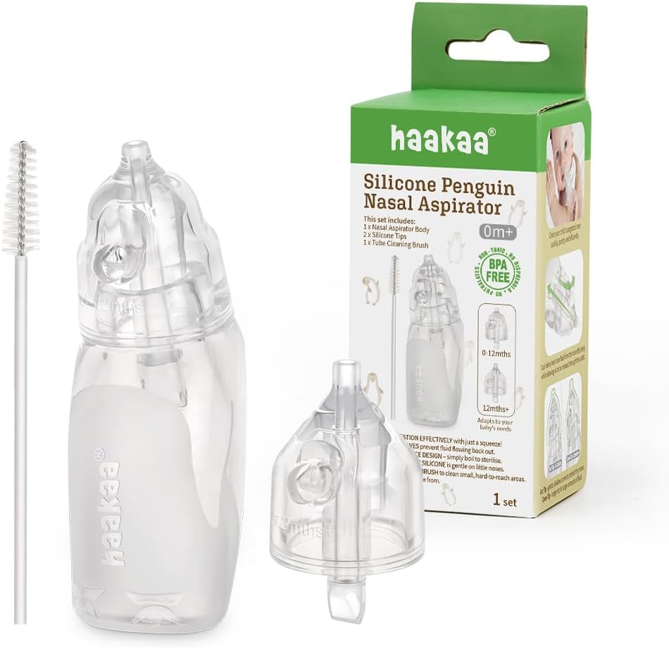Haakaa Penguin Nasal Aspirator for Baby – Blocked Nose Relief: Works by Suction – BPA, PVC & Phthalate-Free – Food-Grade Silicone – Easy-to-Clean – Fluid Measurement