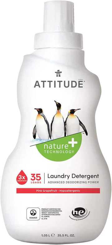 ATTITUDE Liquid Laundry Detergent, EWG Verified Laundry Soap, HE Compatible, Vegan and Plant Based Products, Cruelty-Free, Pink Grapefruit, 35 Loads, 35.5 Fl Oz