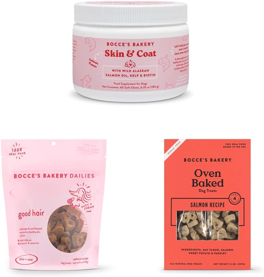 Bocce's Bakery Silky & Smooth Bundle for Dogs, Skin & Coat Support, Wheat-Free Dog Treats, Made with Real Ingredients, Baked in The USA, All-Natural Soft & Chewy, Biscuits & Supplement Assortment : Pet Supplies