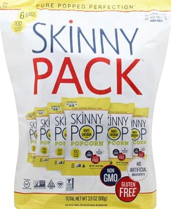 Skinnypop Popcorn, Gluten Free, Non-Gmo, Healthy Snacks, Skinny Pop Dairy Free White Cheddar Popcorn Snack Packs, 0.65 Oz Individual Size Snack Bags (6 Count)