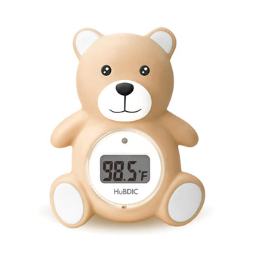 HubiBaby Baby Bath Thermometer & Digital Room Temperature, 2in1 Kids Bathroom Safety Products with Temperature Warning, Floating Teddy Bear (Khaki)