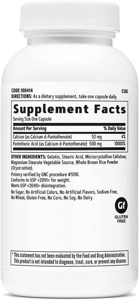 Gnc Pantothenic Acid 500Mg, 100 Capsules, Supports In Energy Metabolism