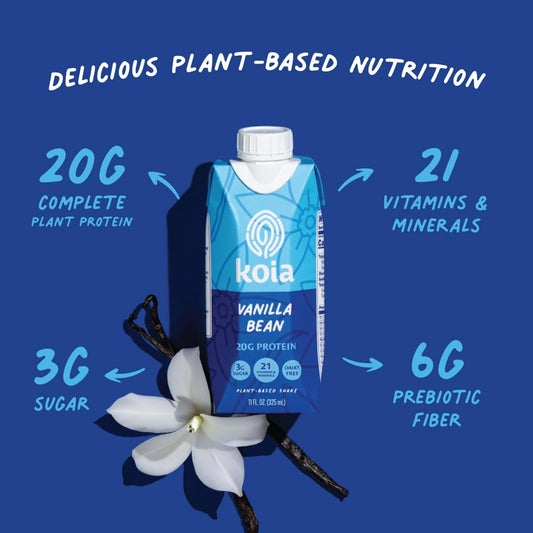 Koia - Plant Based Protein Shake - Vanilla Bean - 20G Protein, 3G Sugar, 6G Prebiotic Fiber, 21 Vitamins & Minerals - Dairy Free, Soy Free, Non Gmo - Meal Replacement Drinks - 11 Fl Oz, 12 Bottles