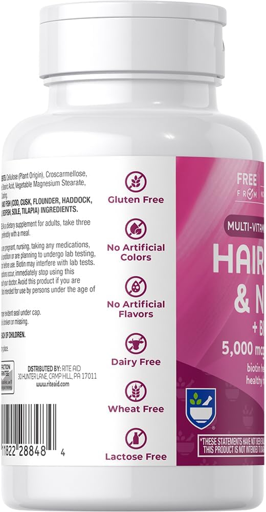 Rite Aid Hair, Skin & Nails Caplets 5000mcg of Biotin 120 Count, Support Healthy and Strong Hair, Skin & Nail Growth, with Vitamin B : Health & Household