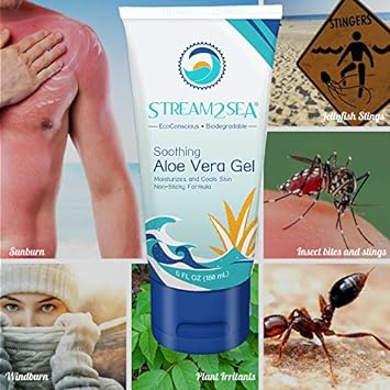 STREAM 2 SEA Soothing Aloe Vera Gel, Reef Safe Paraben Free All Natural Underwater Sting and Sunburn Relief, After Sun Care for Face and Body Easy to Absorb Hydration Moisturizing Formula, 6 Fl oz : Beauty & Personal Care