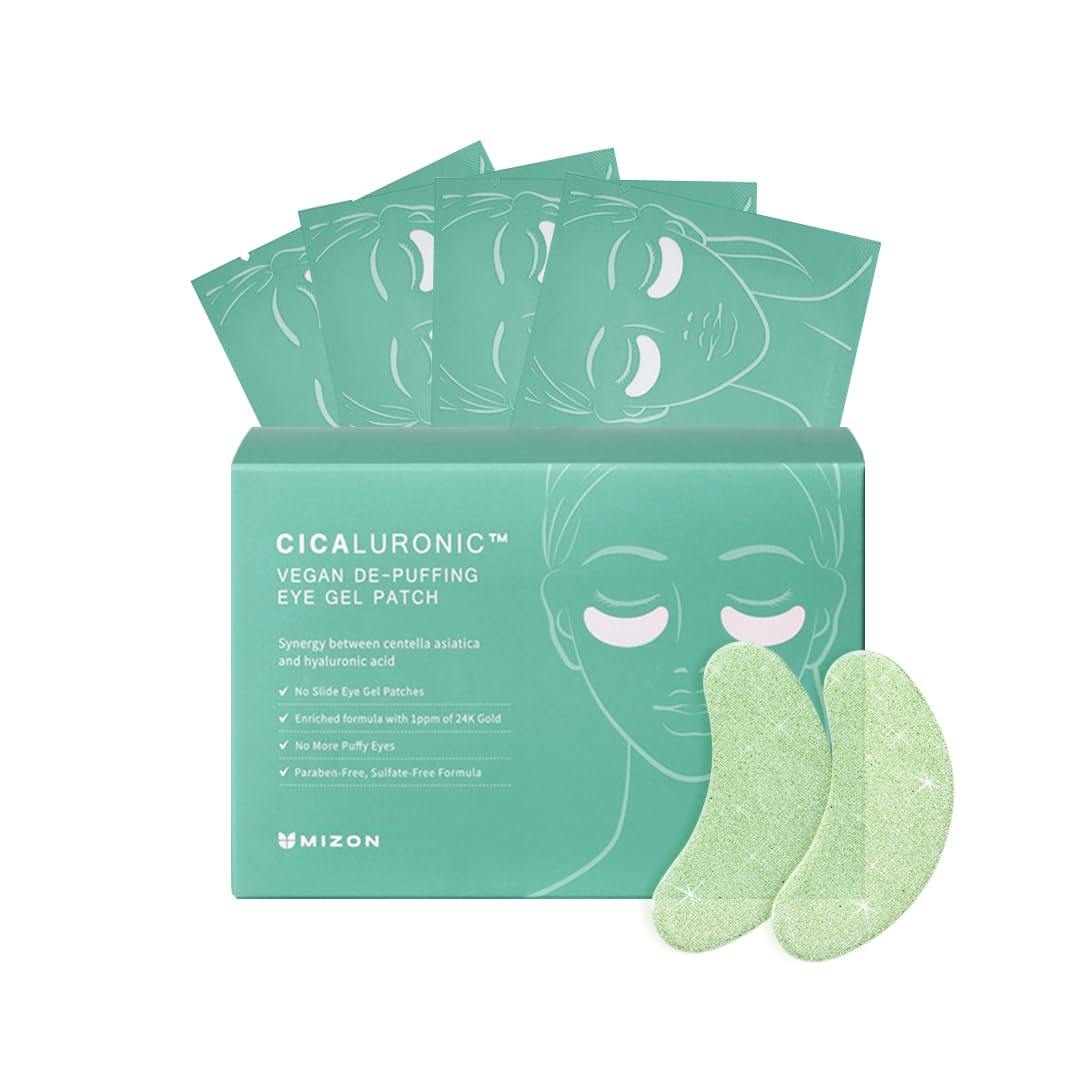 Mizon Cicaluronic Vegan De-Puffing Eye Gel Patch, 24K Gold & Cica Under Eye Mask, Reduces Puffy Eyes, Dark Circles And Wrinkles (21 Pairs)
